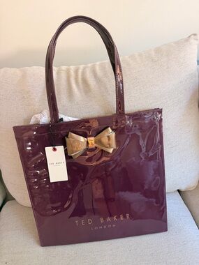 Ted Baker Patent Tote in Plum with Gold Bow Accent